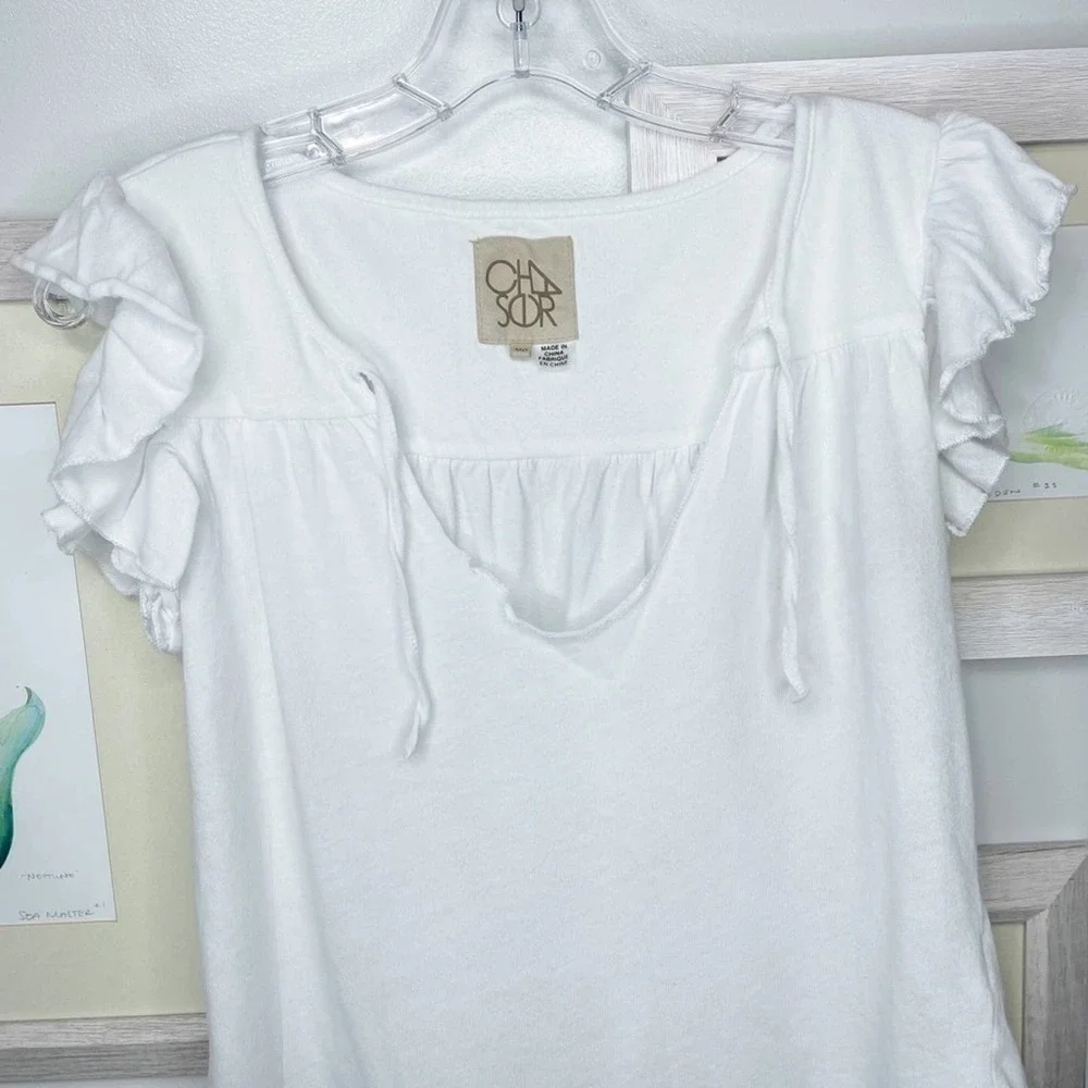 Chaser White Cotton Flutter Sleeve Tee Shirt Size Extra Small